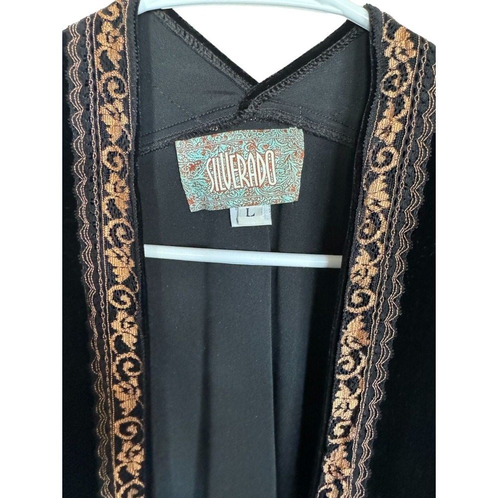 Silverado Black Velvet Kimono Jacket Gold Embroidered Boho Cardigan  L‎ j2 - Picture 4 of 8